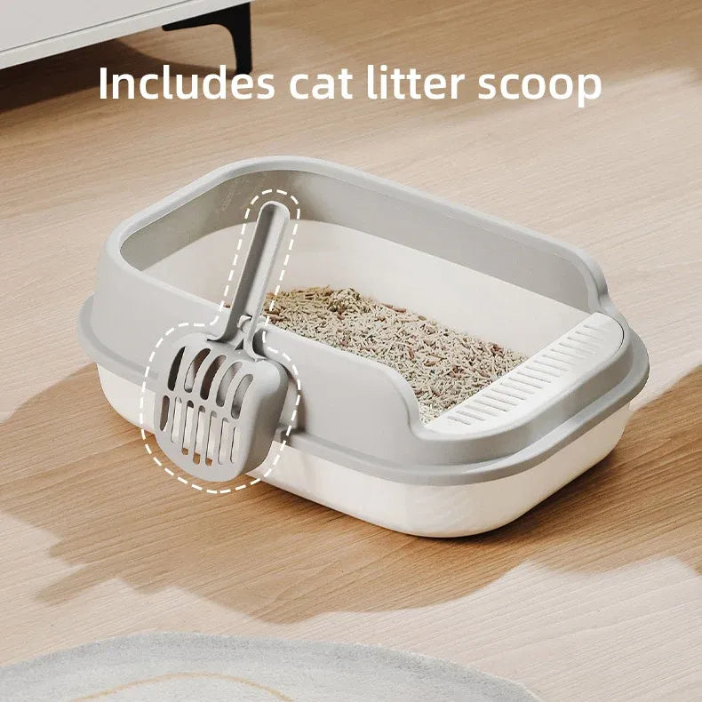 Semi-enclosed cat litter box with scoop, light gray and white shell