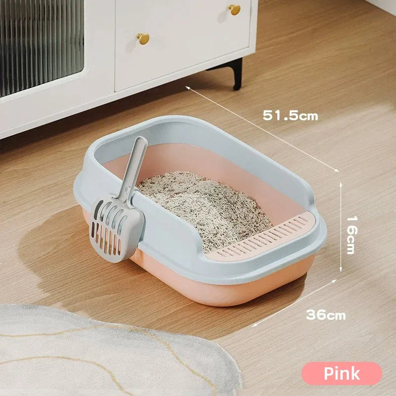 Semi-enclosed cat litter box with scoop, pink base and light gray tray