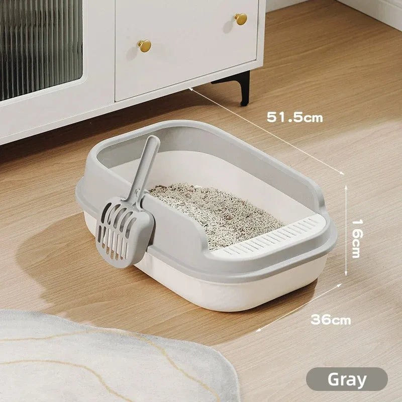 Semi-enclosed cat litter box with scoop, gray base and white shell