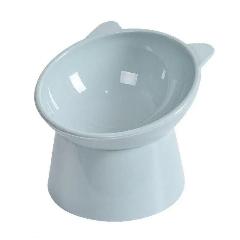 Blue elevated tilted pet bowl with smooth wide rim and small side handles
