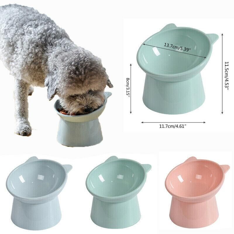 Light blue elevated tilted pet bowl, front view with size measurement markings