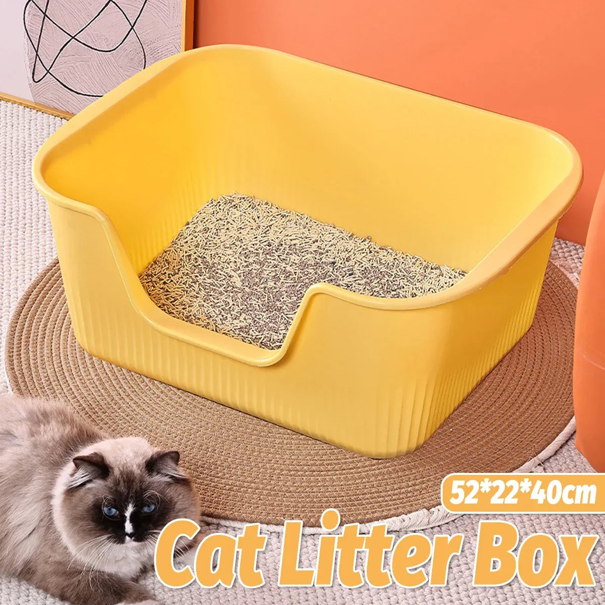 Yellow semi-enclosed cat litter box with open front and raised splash guard