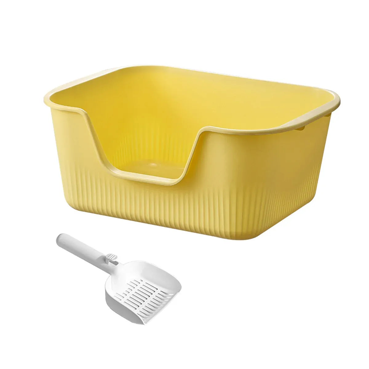 Yellow semi-enclosed cat litter tray with open front and included scoop
