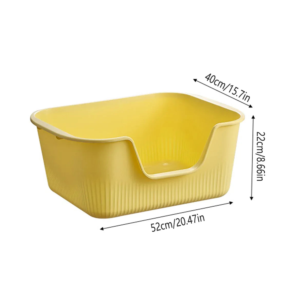 Yellow semi-enclosed cat litter box with front opening and rounded guard rim