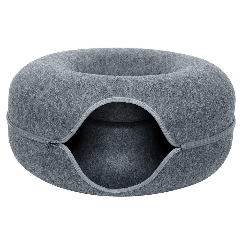 Dark grey felt donut cat tunnel bed with oval entrance and zipper-trim edge