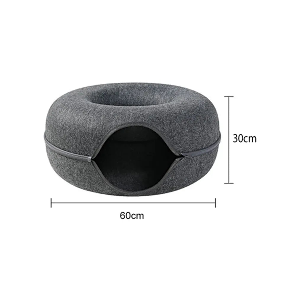 Dark grey felt donut pet bed with oval tunnel opening, 60cm wide and 30cm high