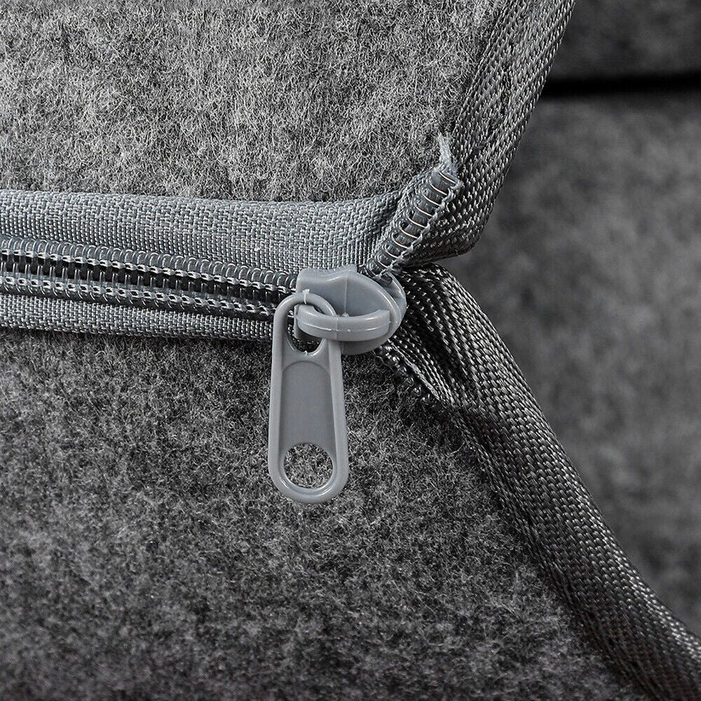 Close-up of dark grey felt cat tunnel bed zipper with plastic pull tab