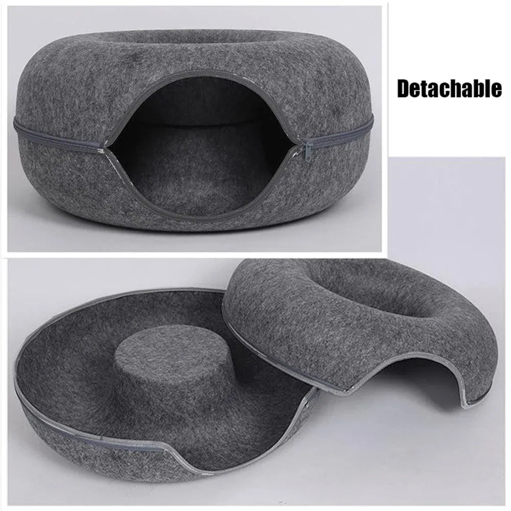 Dark grey felt donut tunnel pet bed with oval front opening and rounded top rim