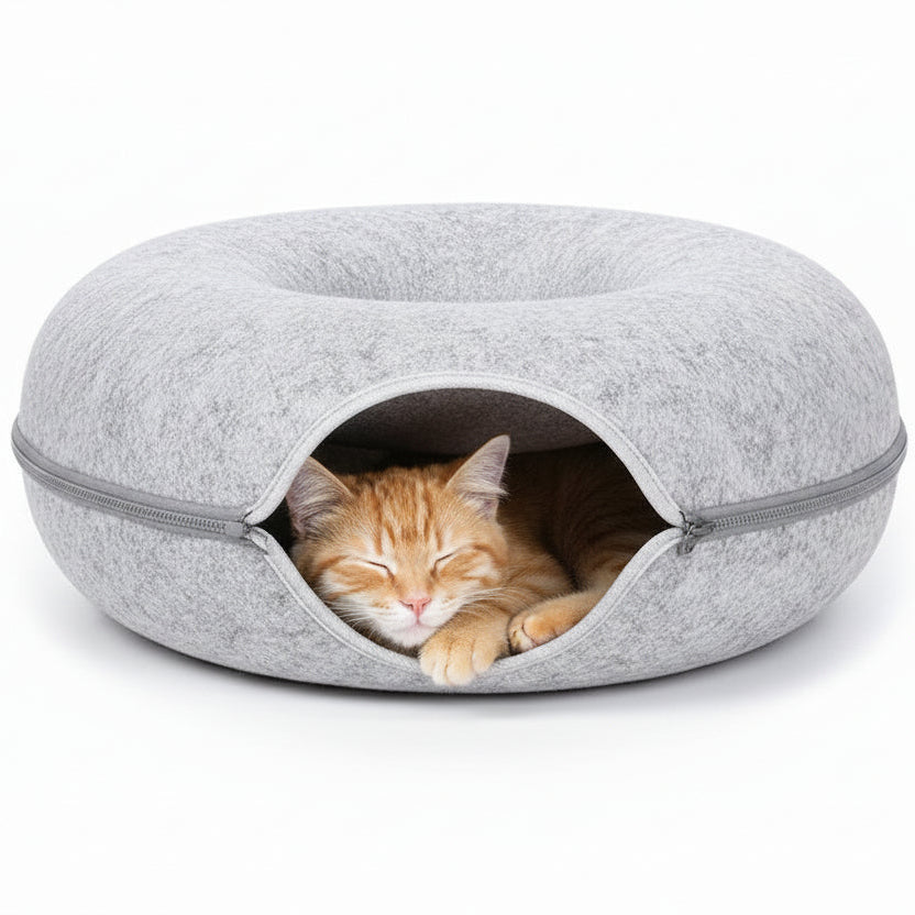 Cat Tunnel Bed with cats inside, on a light background

