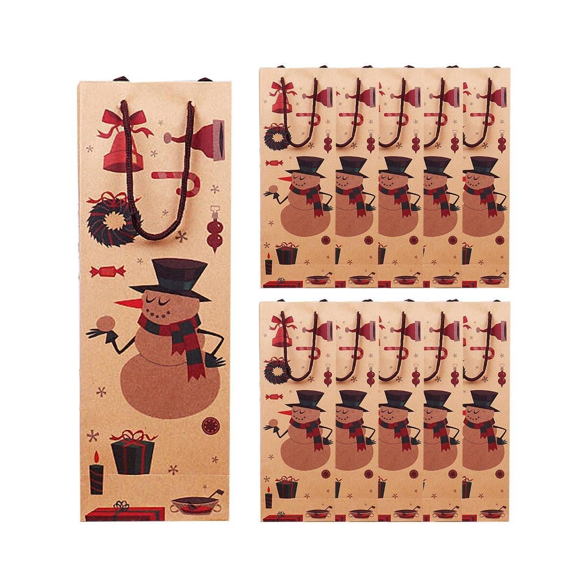 Kraft paper wine bottle gift bags set with festive snowman and holiday icon prints
