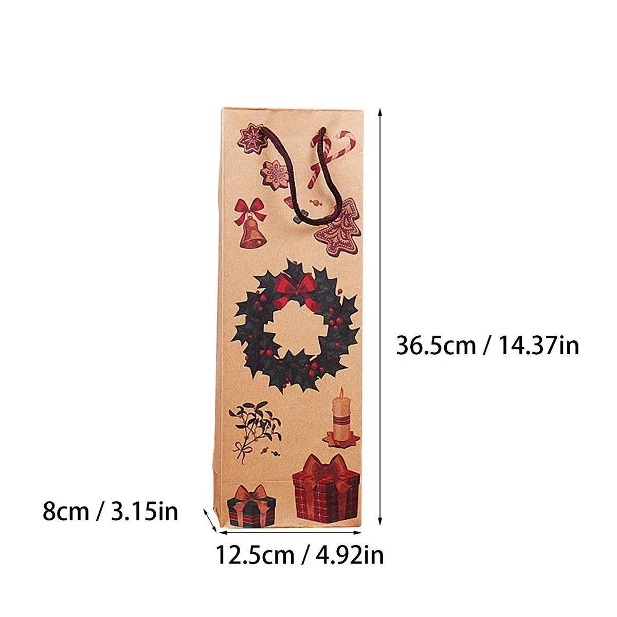 Kraft paper wine bottle gift bag with snowman wreath and candle print; size labeled