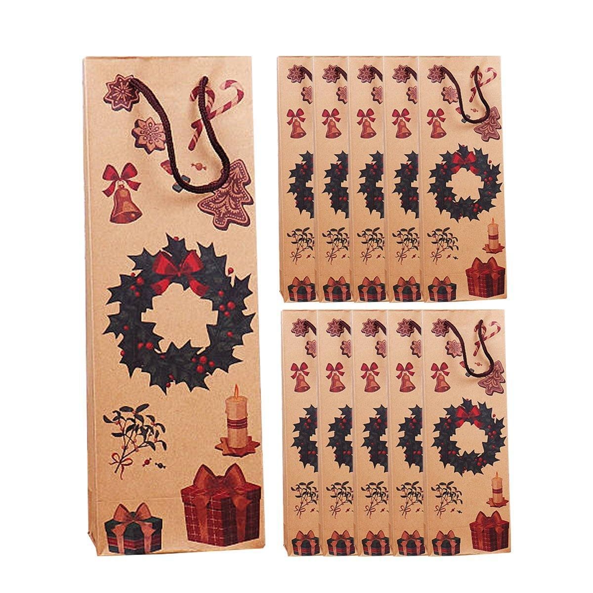 Kraft paper Christmas wine bottle gift bags with wreath and candle print, set of 20