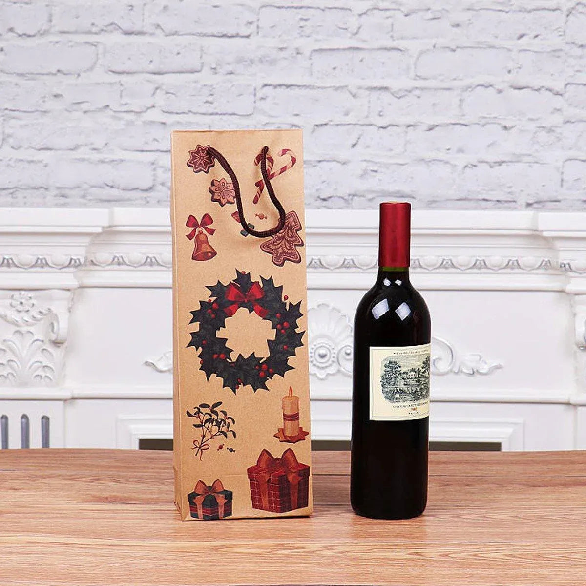 Kraft paper Christmas wine bottle gift bag with wreath and candle prints