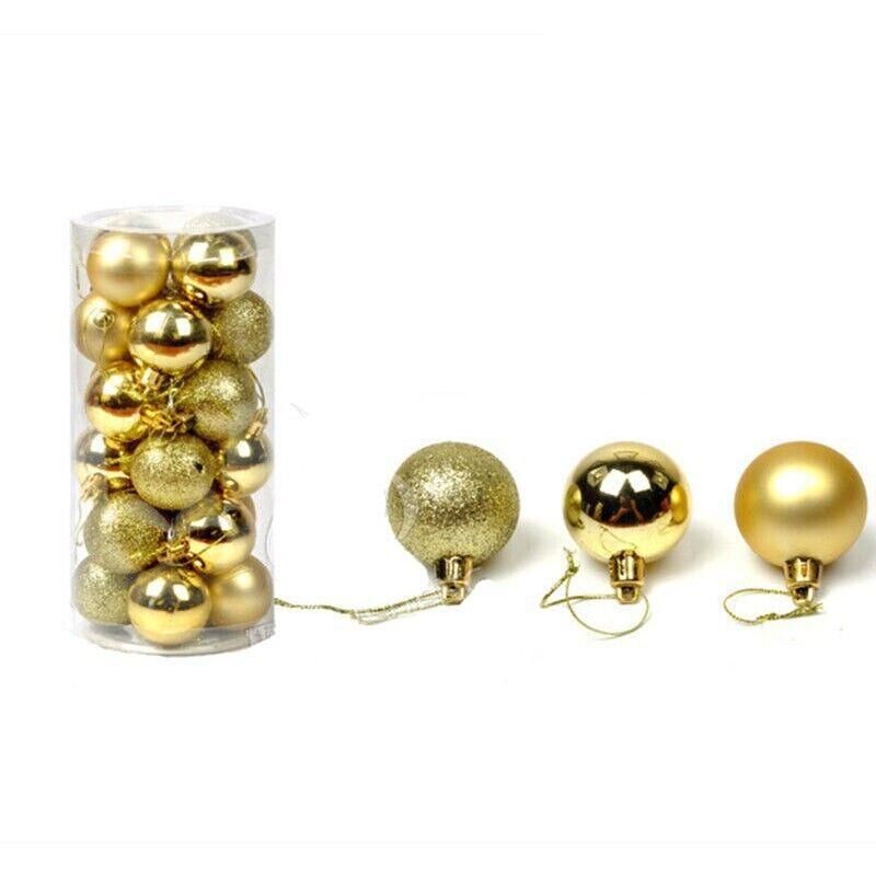 Gold Christmas tree bauble ornament balls set, assorted finishes with gold caps and loops