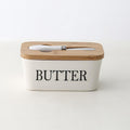 Ceramic Butter Dish Box Storage Tray Container W/ Bamboo Lid & Butter Cutter