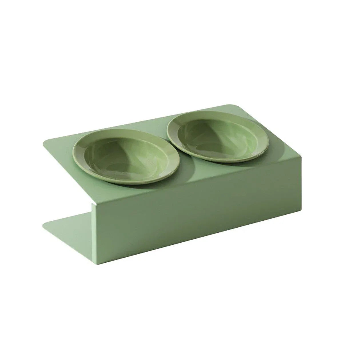 Green slanted double ceramic pet bowls on a matching iron stand