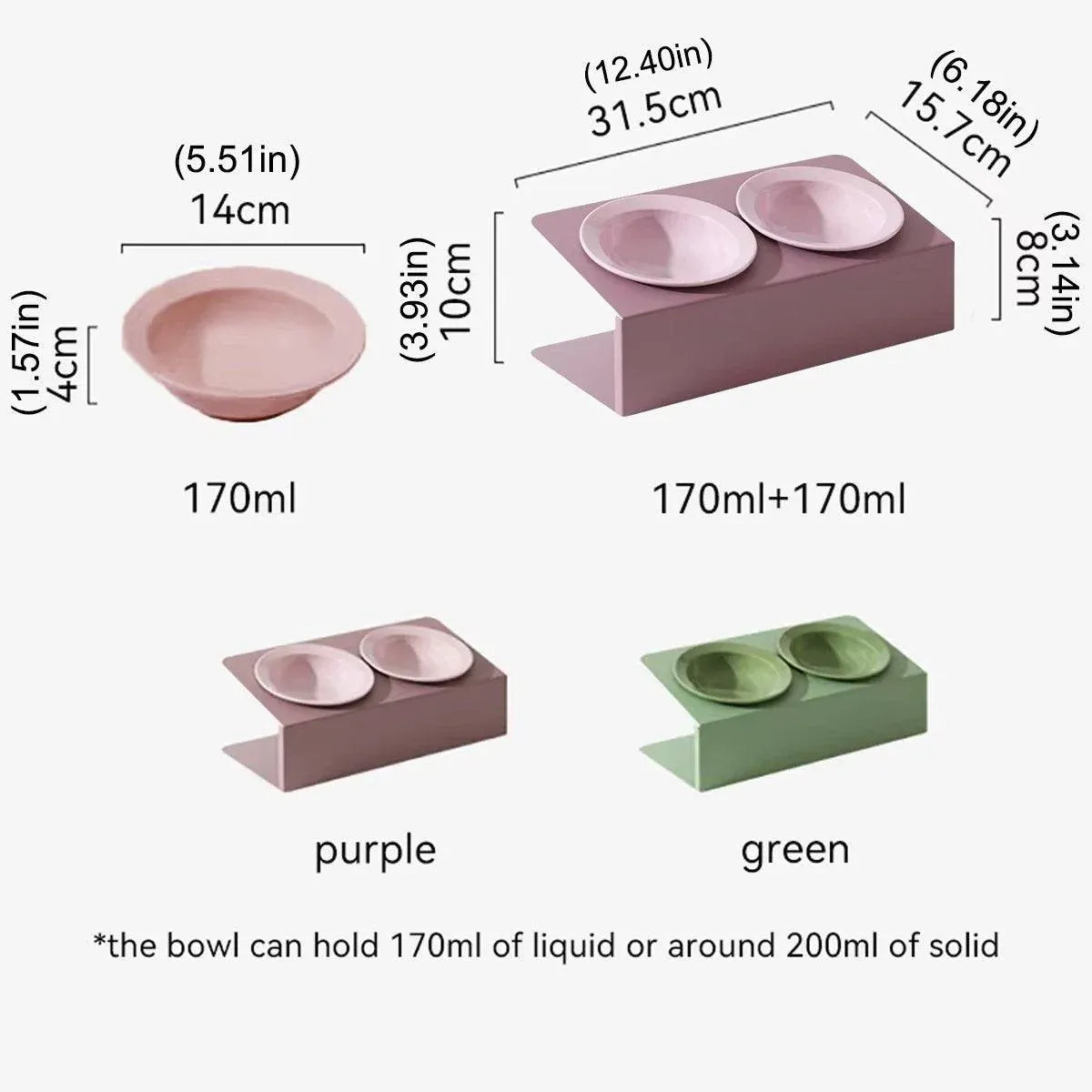 Green two-bowl slanted ceramic pet feeder with size markings