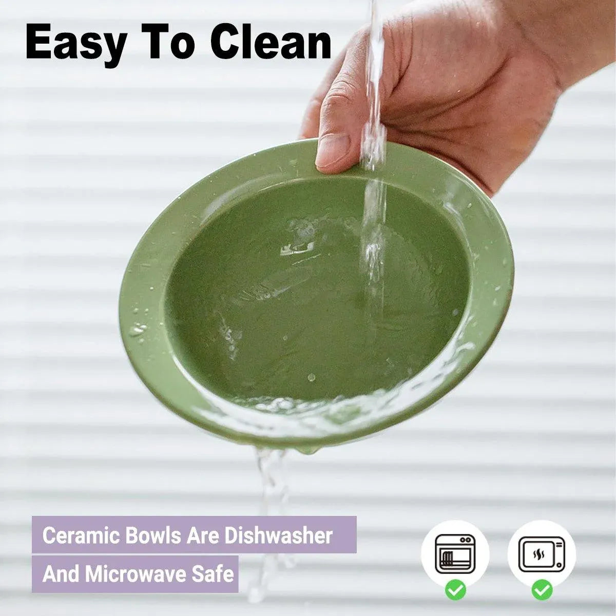 Green ceramic pet bowl being rinsed, showing smooth glossy interior