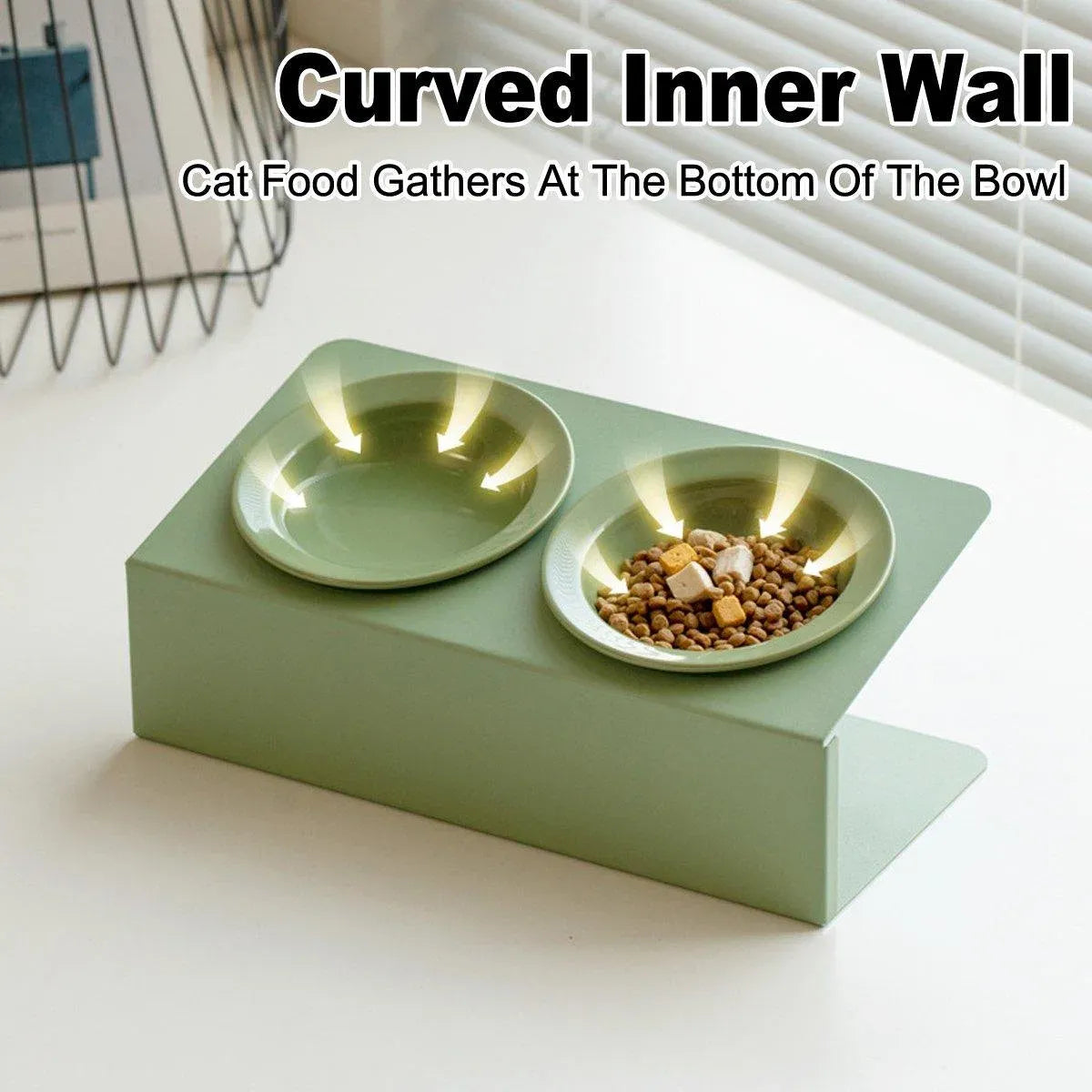 Green two-bowl slanted stand with inner curve for pet food gathering