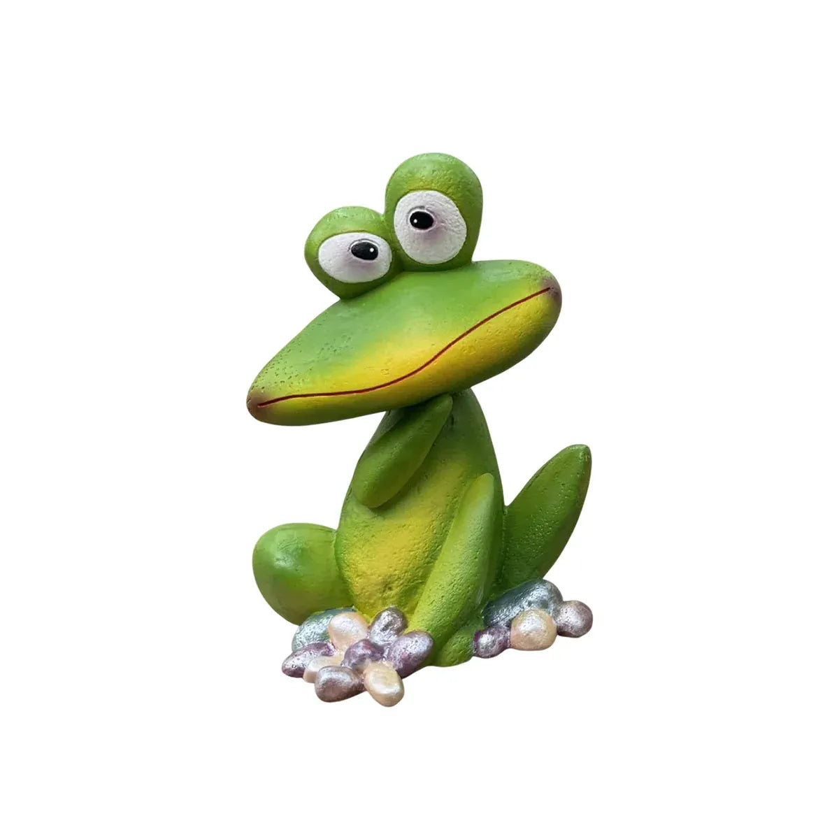 Green frog garden ornament statue with big eyes and flower-studded base