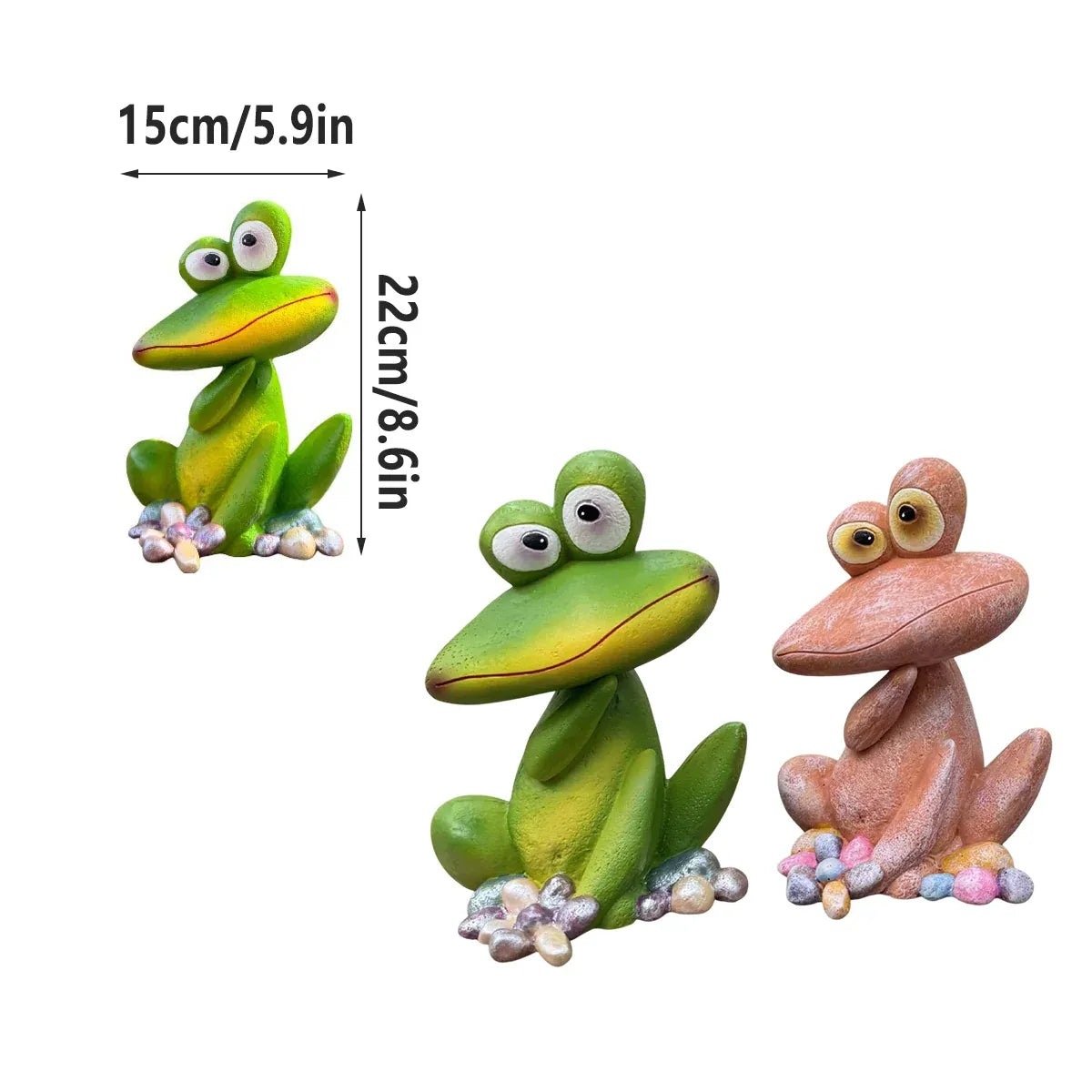 Green frog garden ornament statue, wide mouth pose, feet on pebble-like flowers