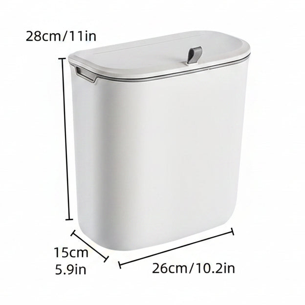 Two white trash bins with dimensions indicated on a white background