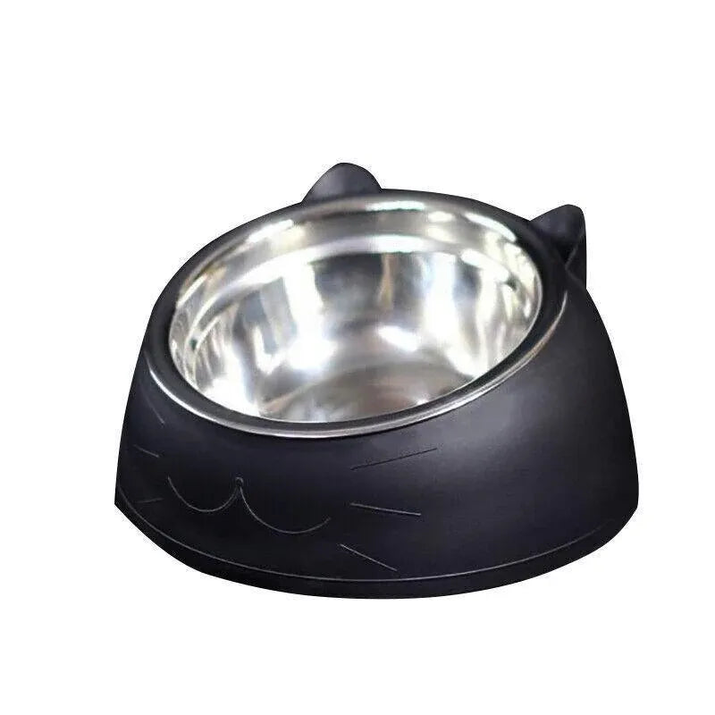 Black raised tilted pet bowl with stainless steel inner dish