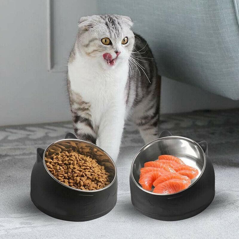 Raised black pet bowls with stainless steel inserts for kibble and wet food