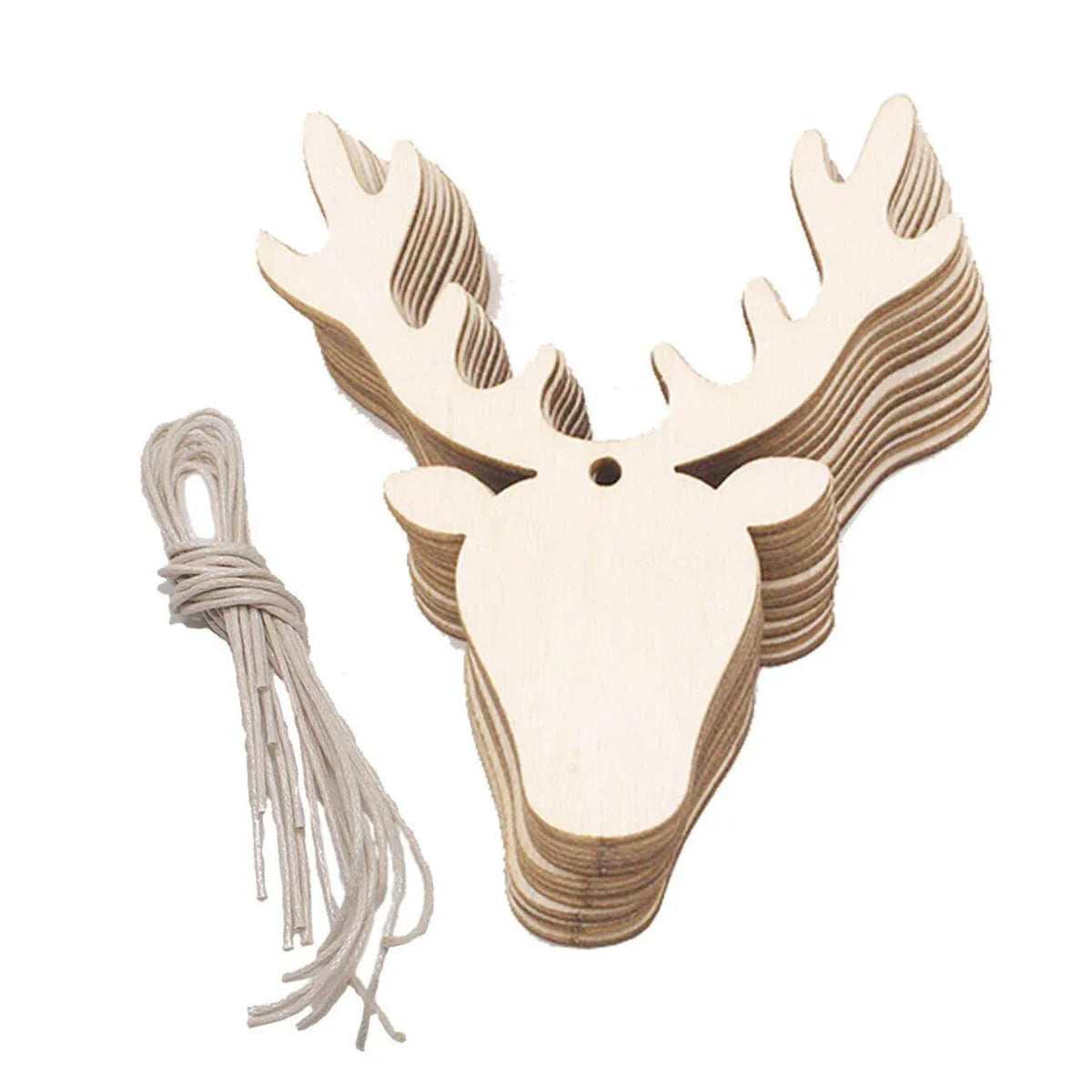 Wooden deer head hanging ornament with white twine string, carved lines and antlers.