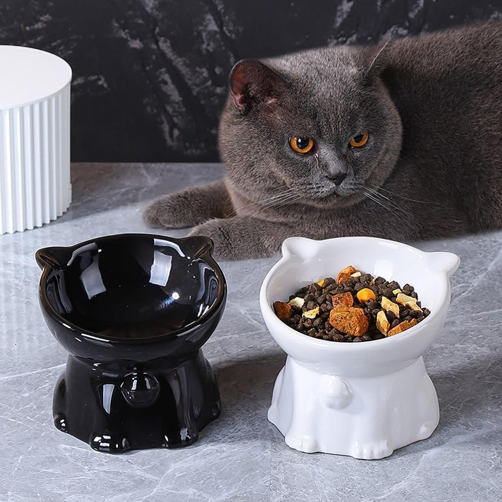 Ceramic Cat Bowl Cute Tall Raised Cat Food Bowl for Pets Eating Comfortably - Black