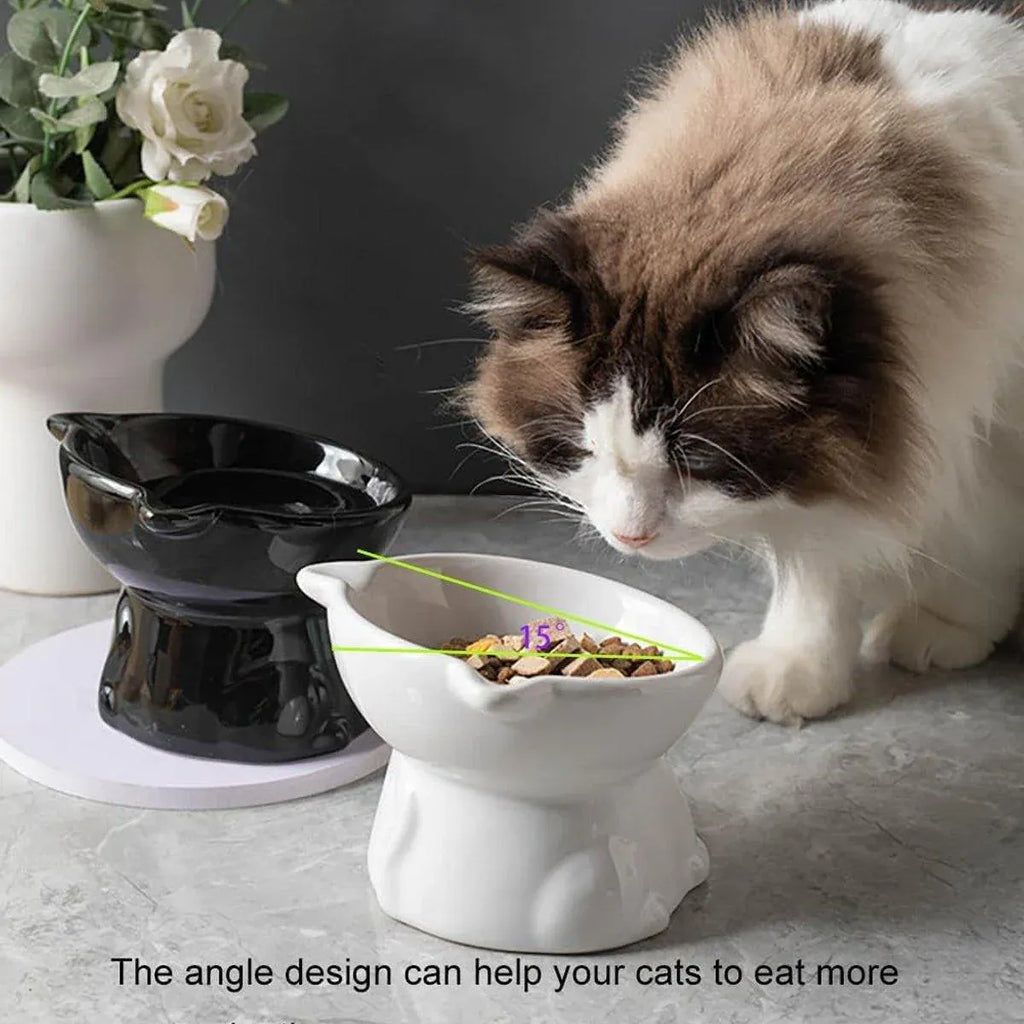 Ceramic Cat Bowl Cute Tall Raised Cat Food Bowl for Pets Eating Comfortably - Black