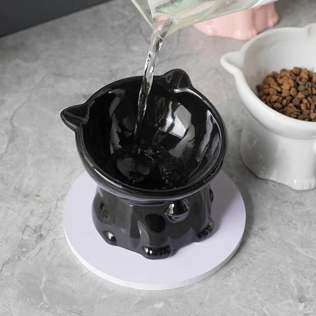 Ceramic Cat Bowl Cute Tall Raised Cat Food Bowl for Pets Eating Comfortably - Black