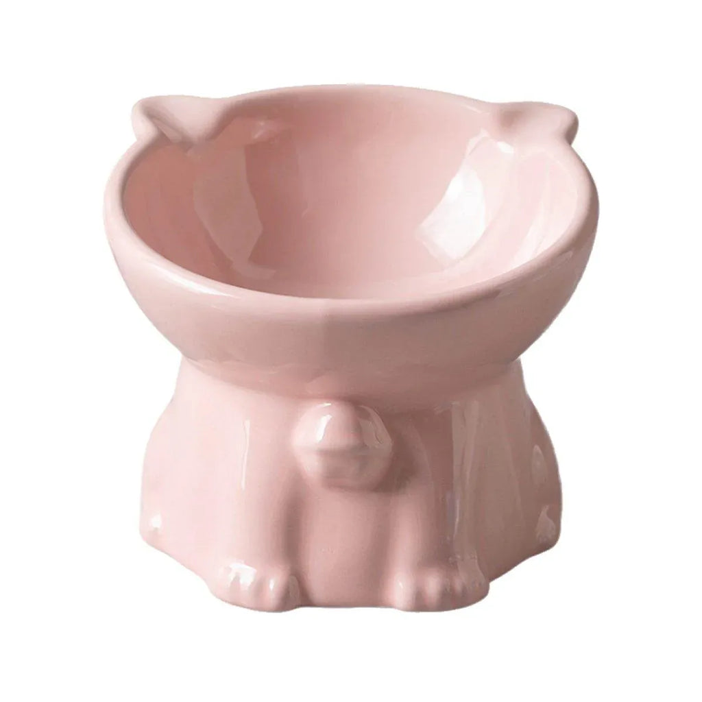 Ceramic Cat Bowl Cute Tall Raised Cat Food Bowl for Pets Eating Comfortably - Pink