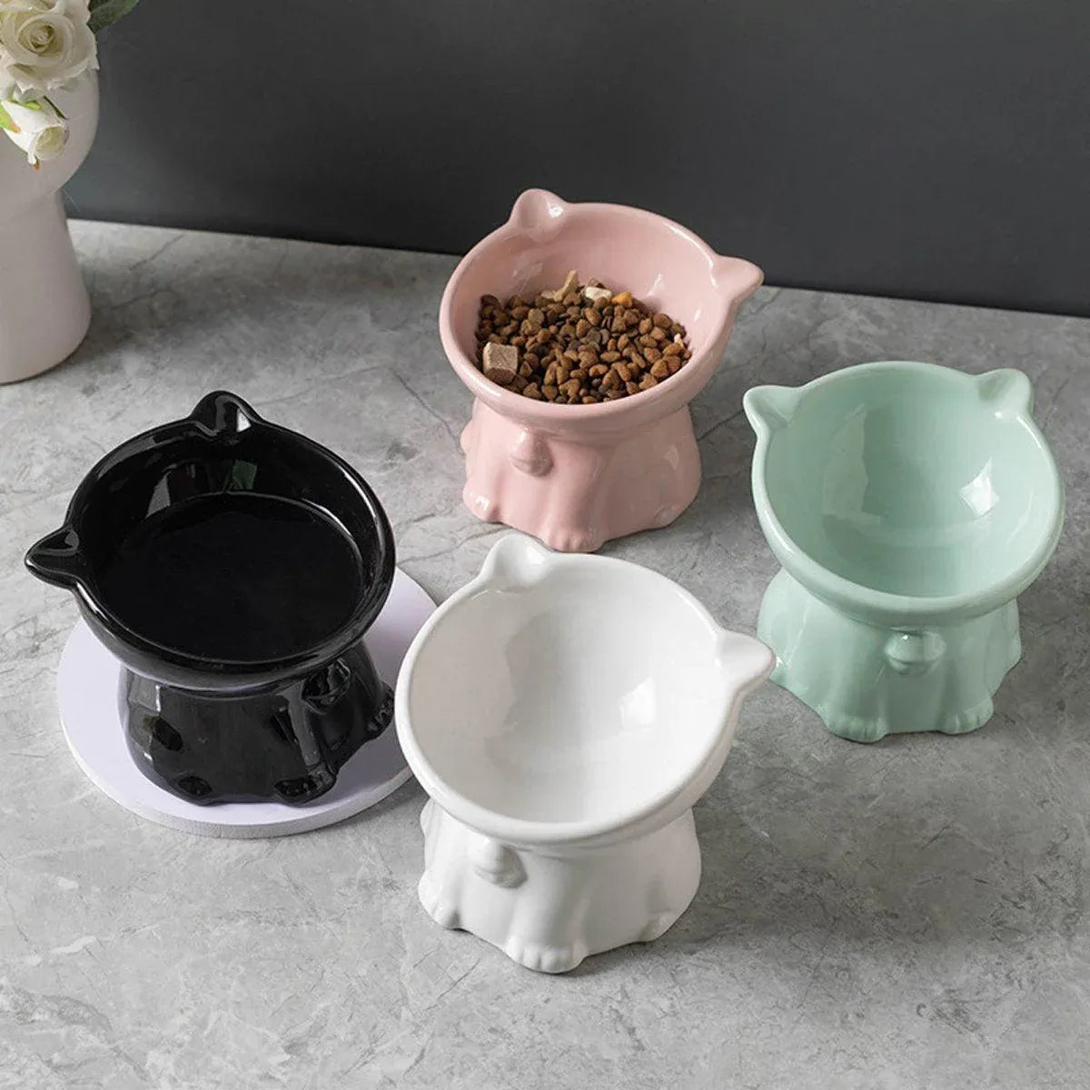 Ceramic Cat Bowl Cute Tall Raised Cat Food Bowl for Pets Eating Comfortably - Pink