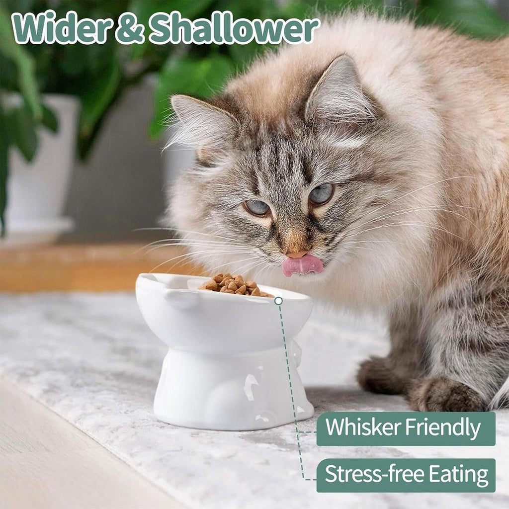 Ceramic Cat Bowl Cute Tall Raised Cat Food Bowl for Pets Eating Comfortably - Pink