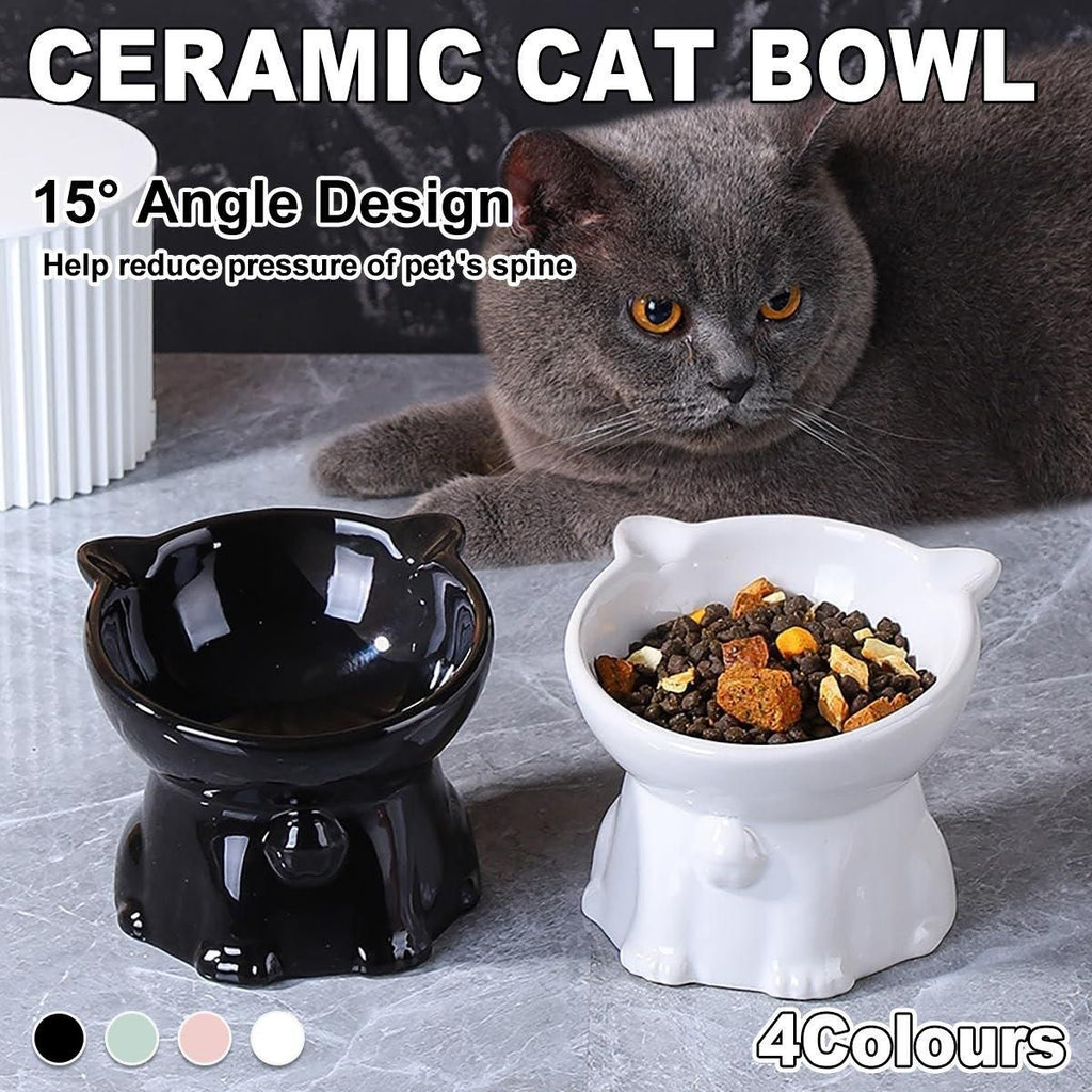 Ceramic Cat Bowl Cute Tall Raised Cat Food Bowl for Pets Eating Comfortably - Pink