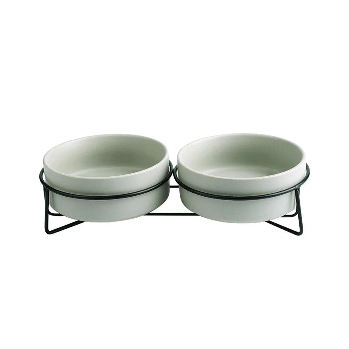 Grey ceramic double pet food bowls on black elevated stand with two basins