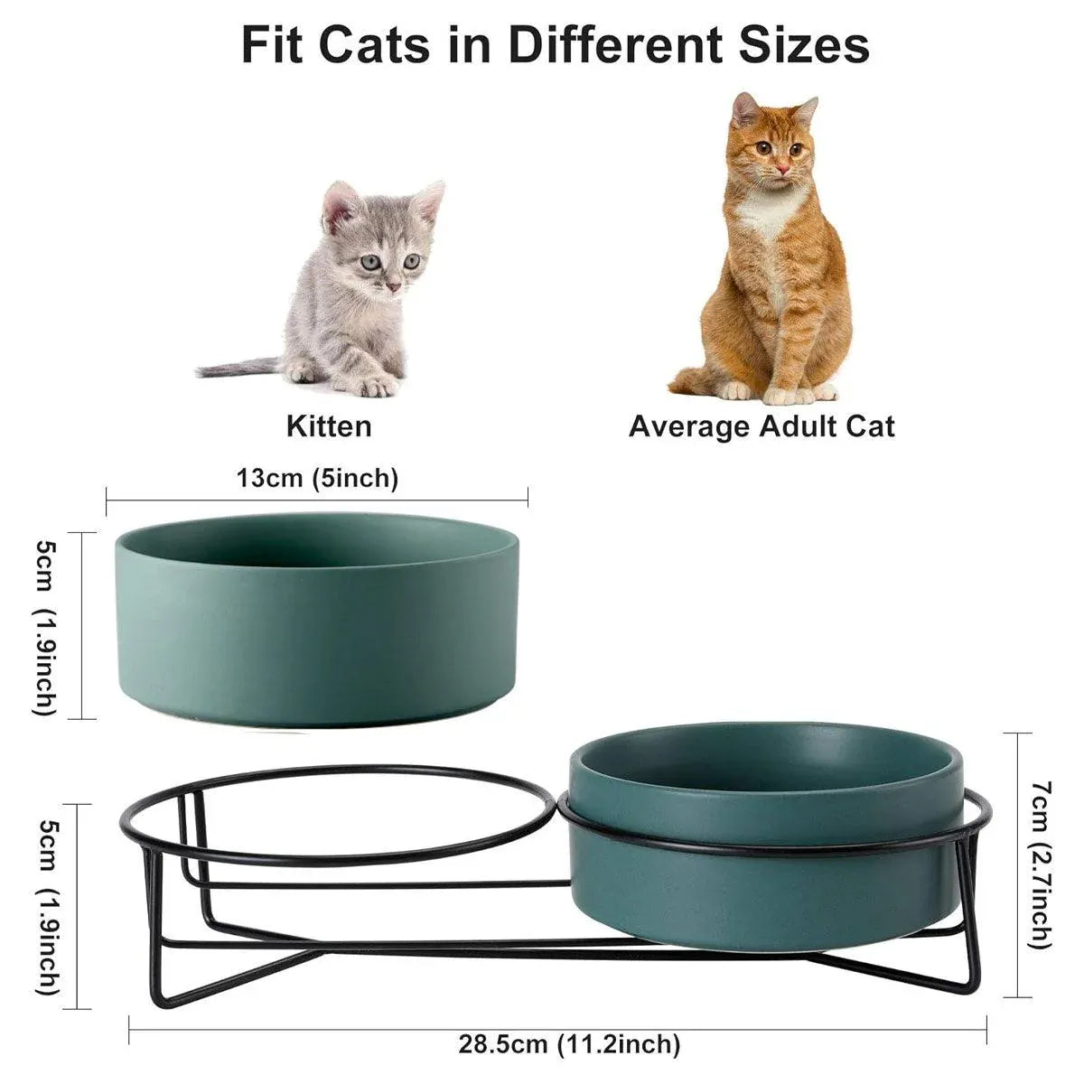 Teal ceramic double pet bowls on black elevated stand, shown with size markings