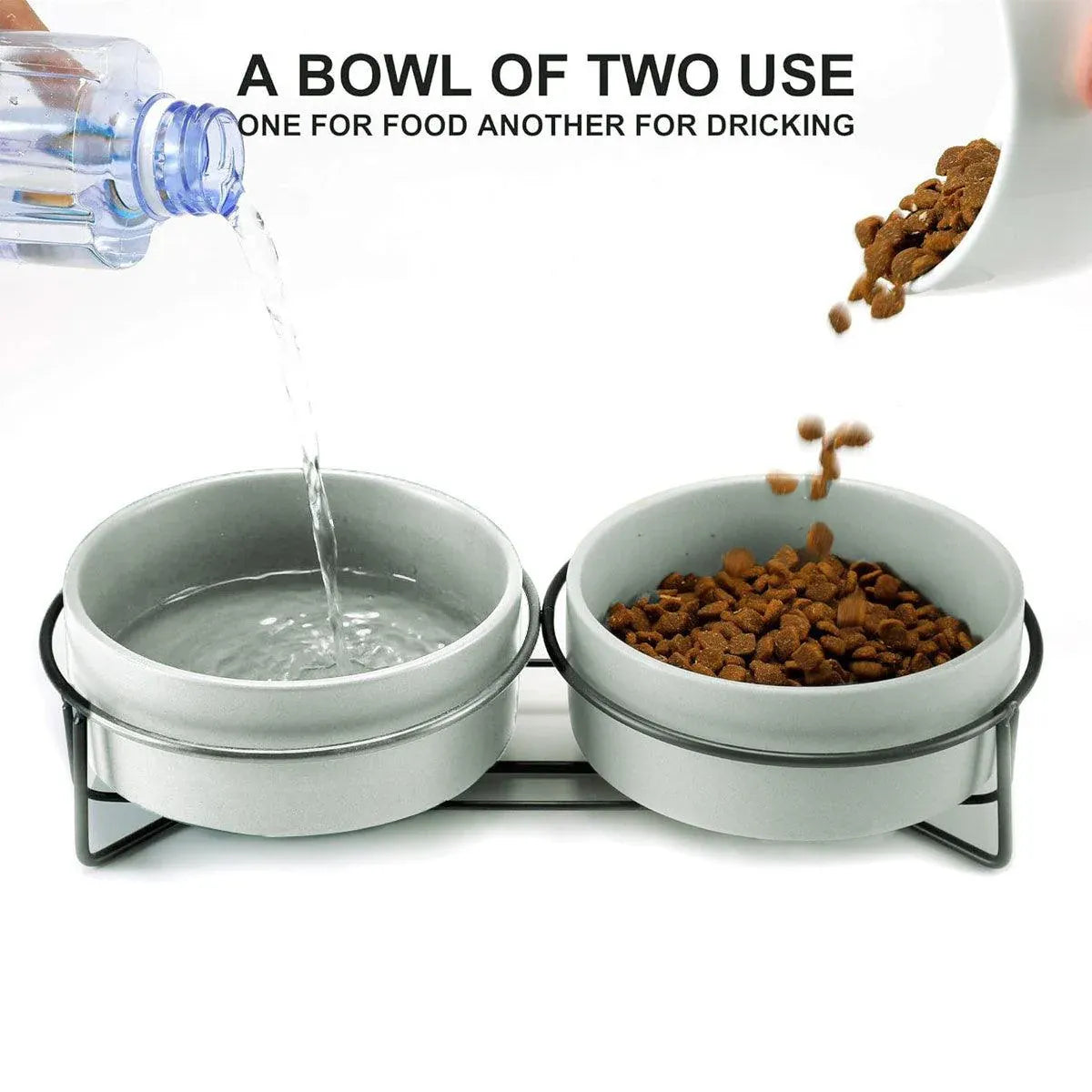 Grey ceramic double pet bowls on black elevated stand, with water pouring into one basin