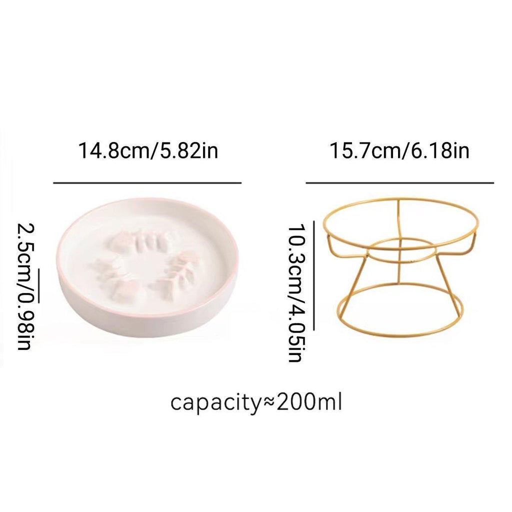 Ceramic Cat Bowl Slow Feeder Pet Food Tray for Cats and Dogs Non Slip Design - Yellow Bowl-White Tray Rack