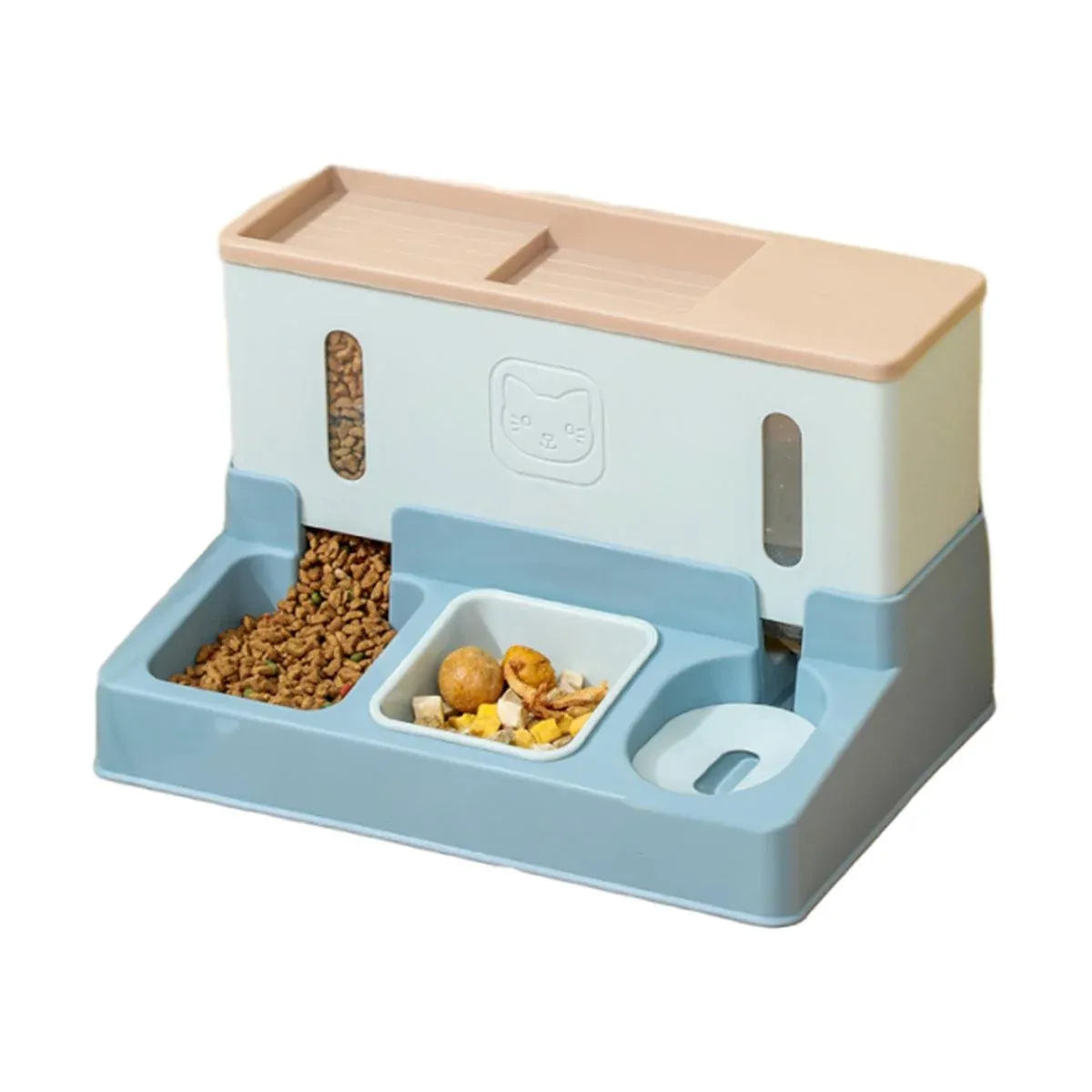 Blue 2-in-1 automatic pet feeder with open food tray and water bowl