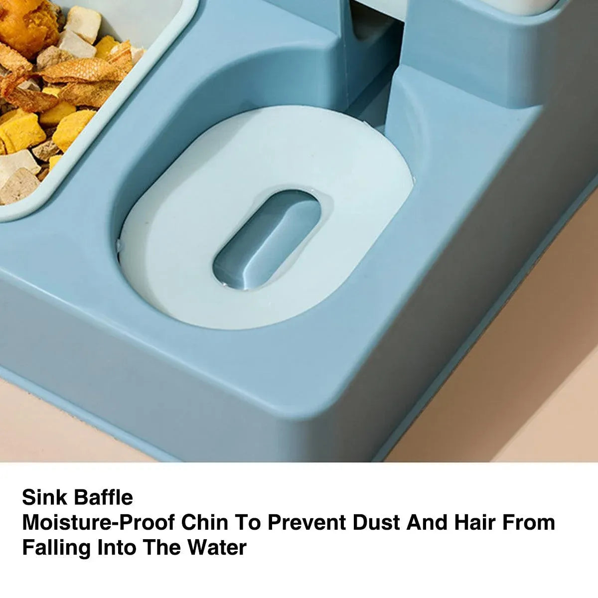 Blue pet feeder close-up of the round water basin and outlet