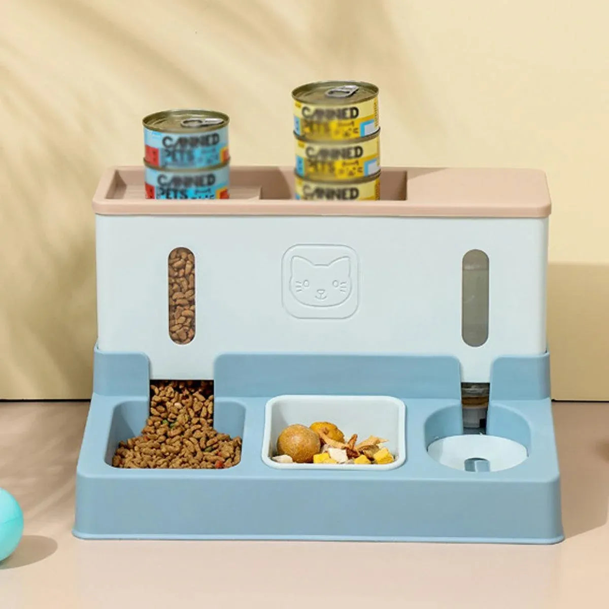 Blue 2-in-1 automatic pet feeder with dual openings and water basin