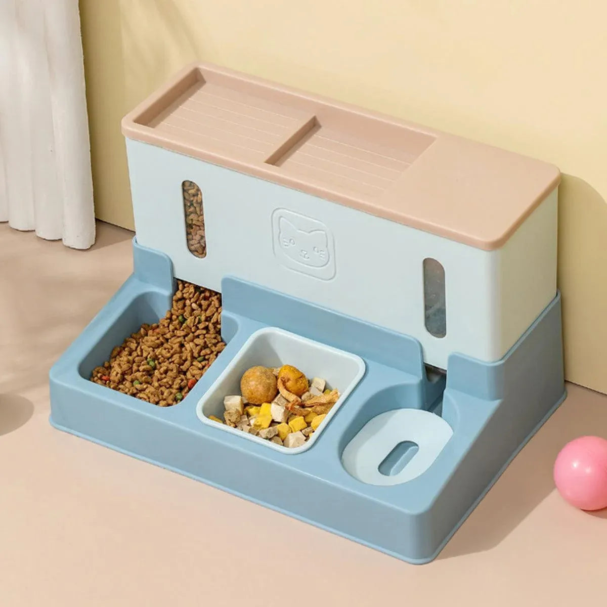 Blue 2-in-1 automatic pet feeder angled view with food tray and water bowl