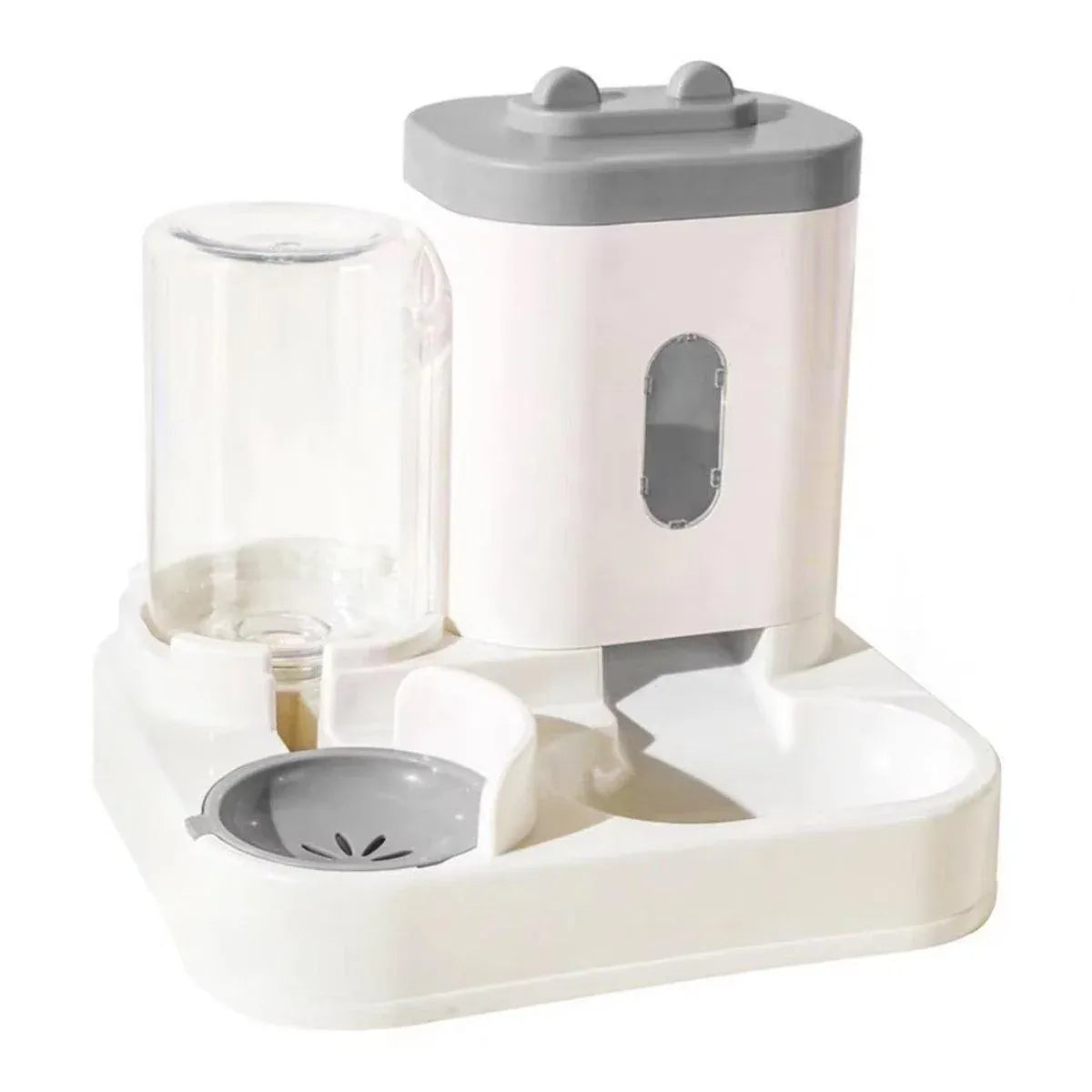 Grey 2-in-1 vertical pet feeder and water dispenser with clear water chamber
