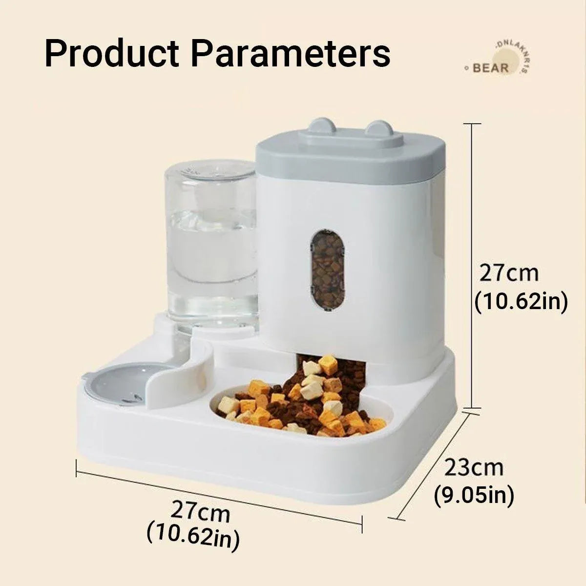 Grey 2-in-1 vertical pet feeder and water dispenser with feeding tray and water tank