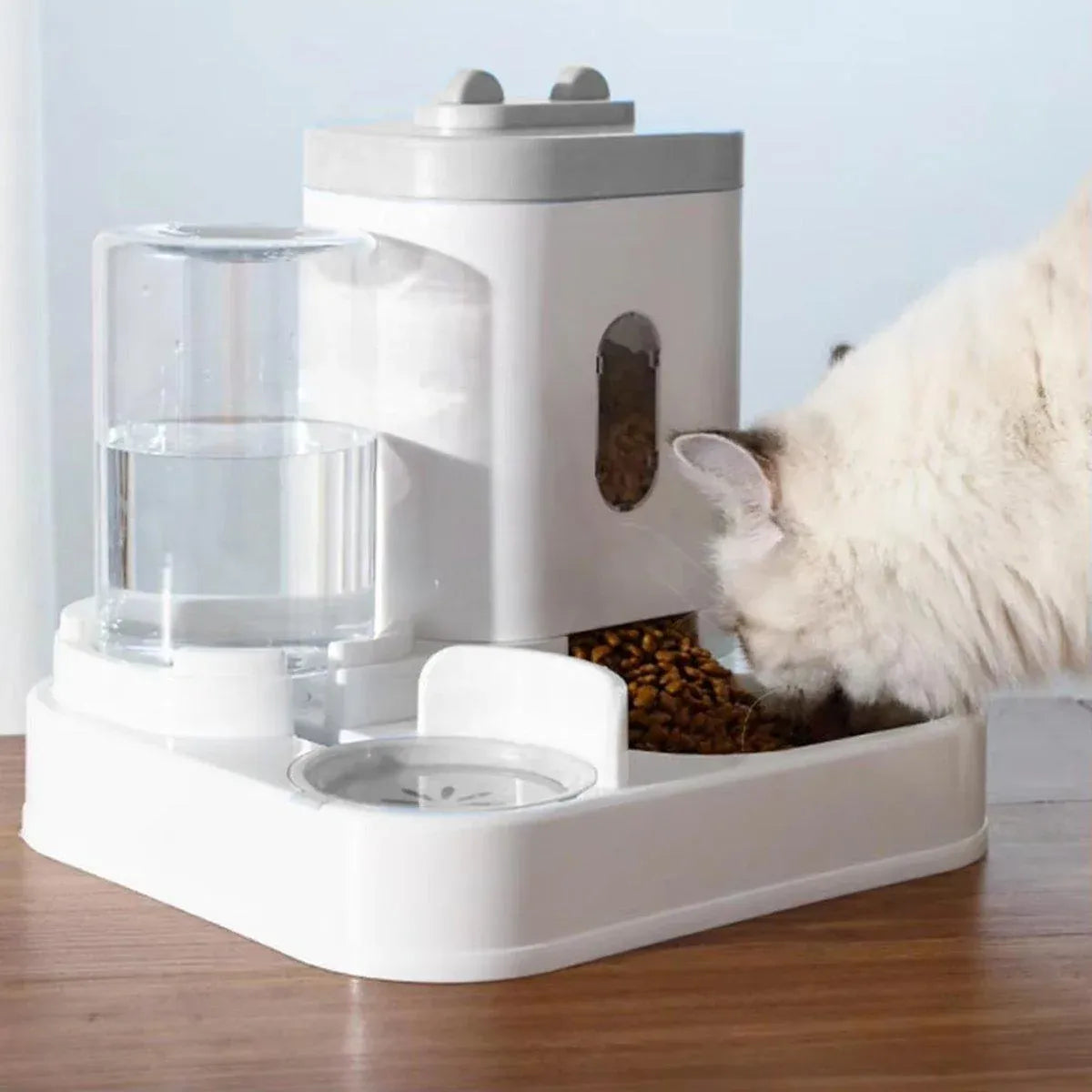 2-in-1 vertical pet feeder and waterer, grey/white base with two bowls and dispenser