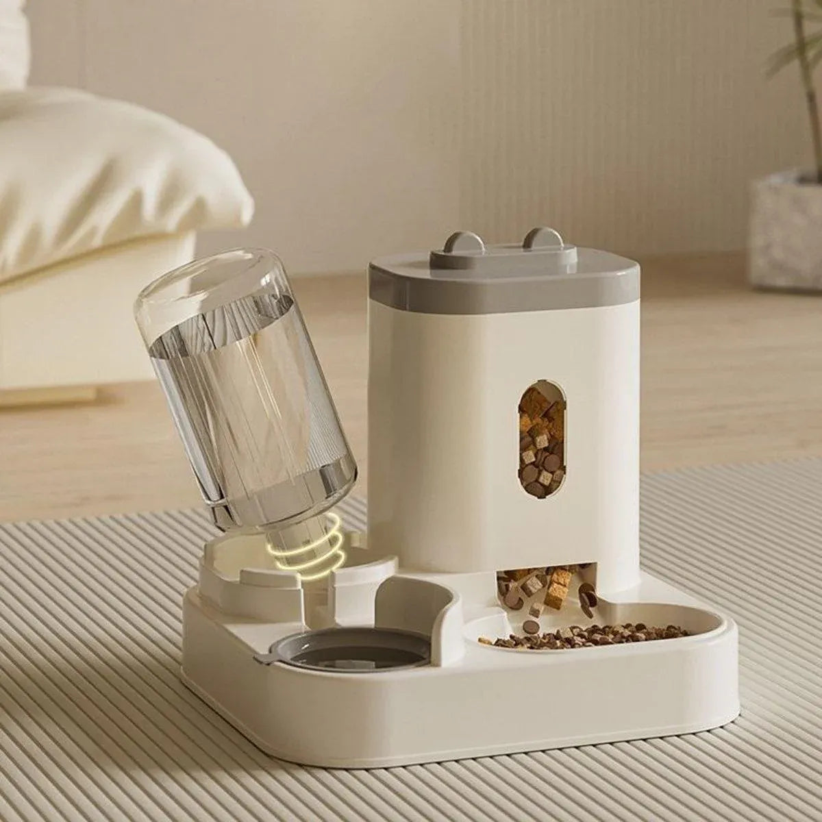 2-in-1 vertical pet feeder and waterer with clear water dispenser and food cup, white