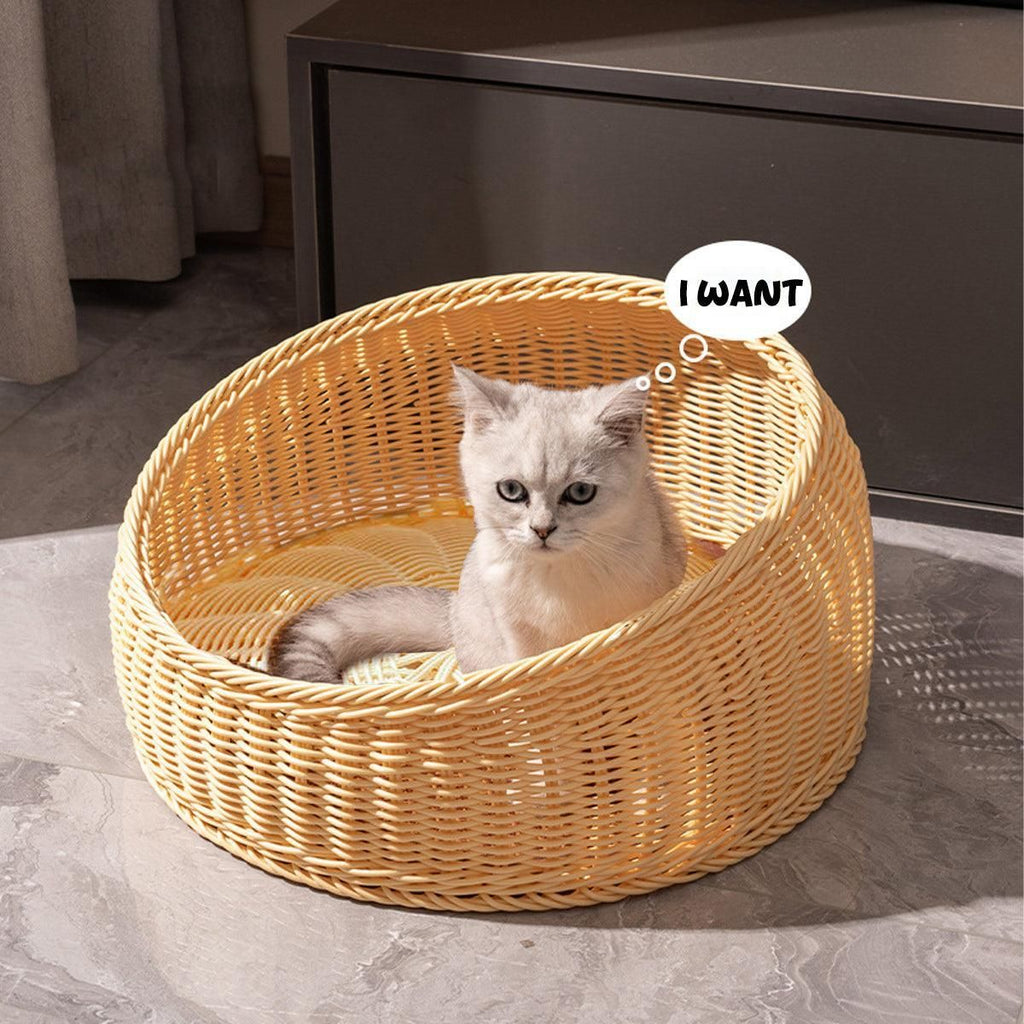 Rattan Cat Nest Four Seasons Open Cat House Summer Bed for Cats Pet Supplies - Coffee