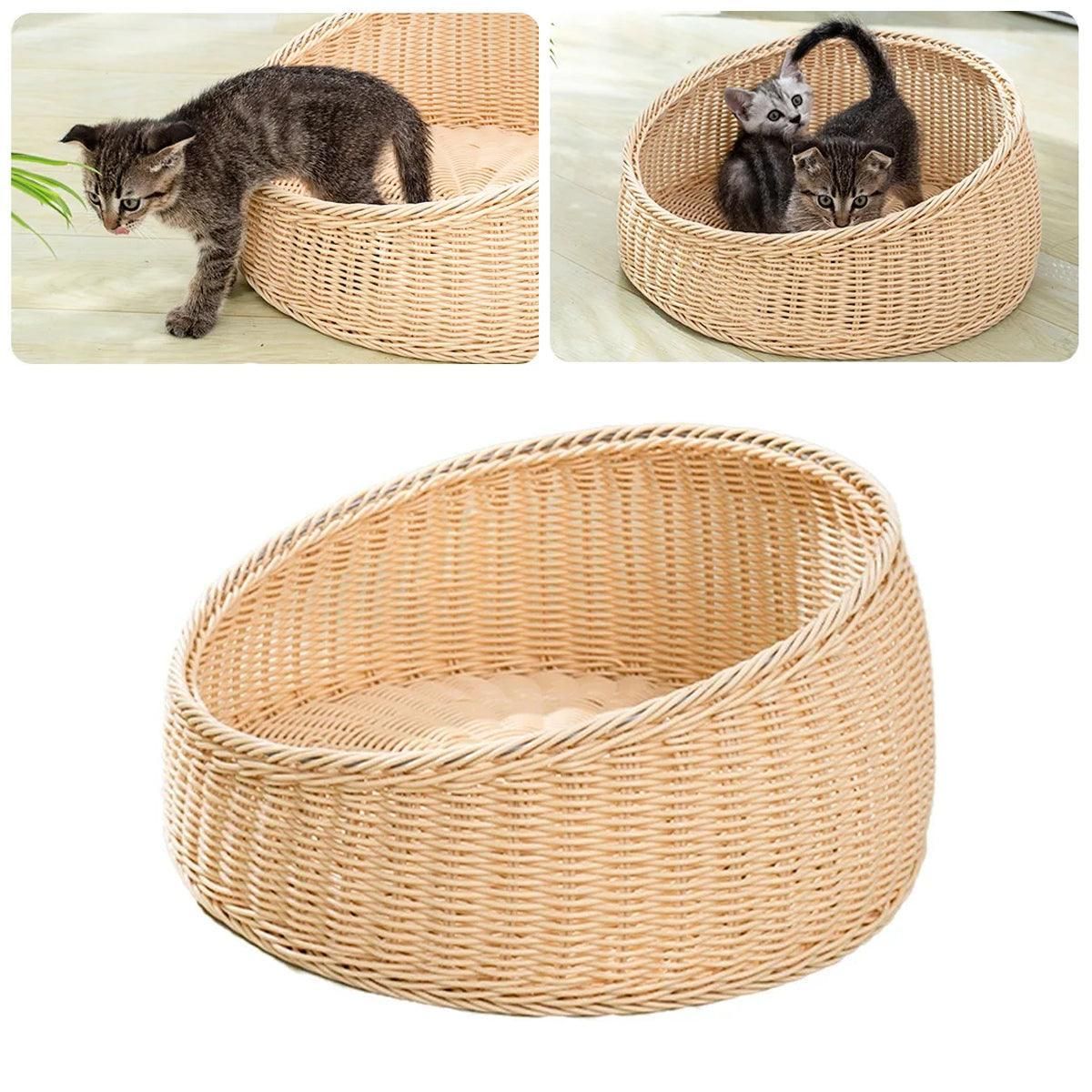 Rattan Cat Nest Four Seasons Open Cat House Summer Bed for Cats Pet Supplies - Coffee